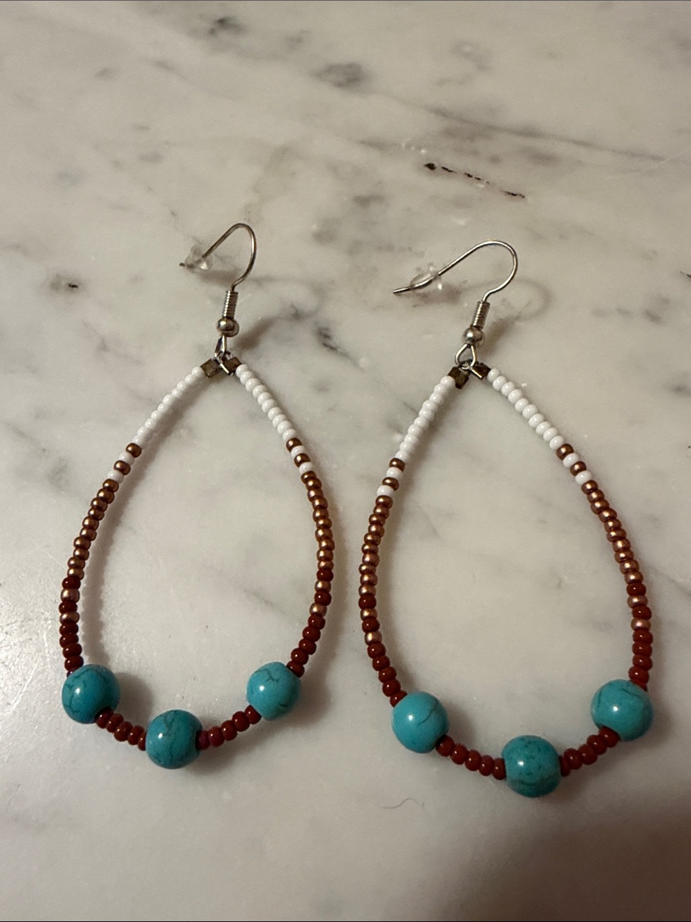 Handcrafted Turquoise Bead Hoop Earrings - White, Brown, Turquoise
